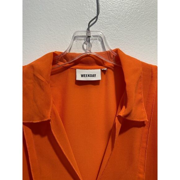 WEEKDAY Willow Chiffon Blouse Bright Orange Sheer Tie Front Resort Top Travel - Picture 4 of 12